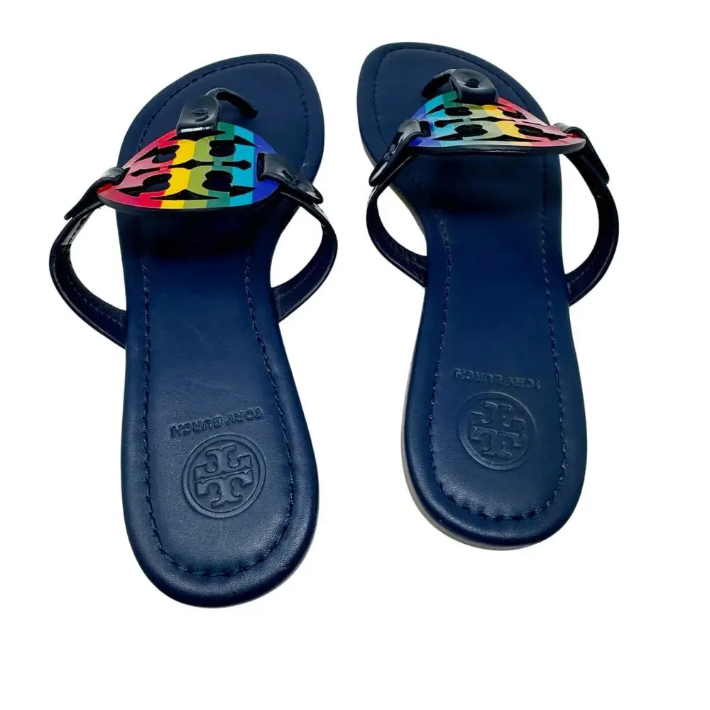 TORY BURCH Navy Blue Rainbow Stripe Miller Logo Patent Leather Sandals Size 7